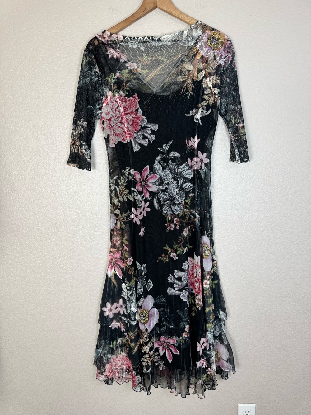 Komarov Floral Print Charmeuse Chiffon Lace Midi Dress 3/4 Sleeves Large $298 - Picture 7 of 12